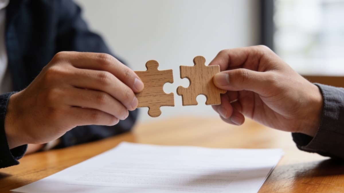 שתי ידיים מחברות שני חלקי פאזל מעל שולחן